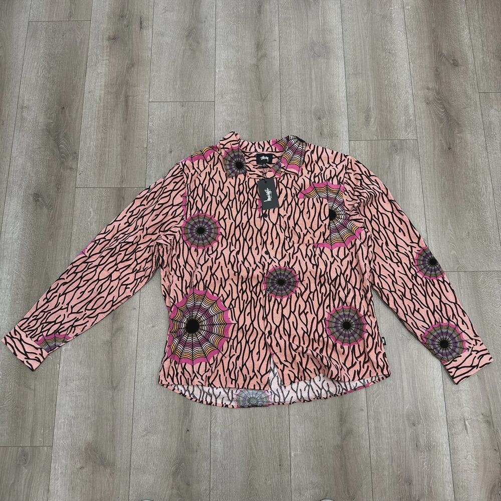 Stüssy Spider Web Flannel LS Buton Up Shirt Pink size XL SF